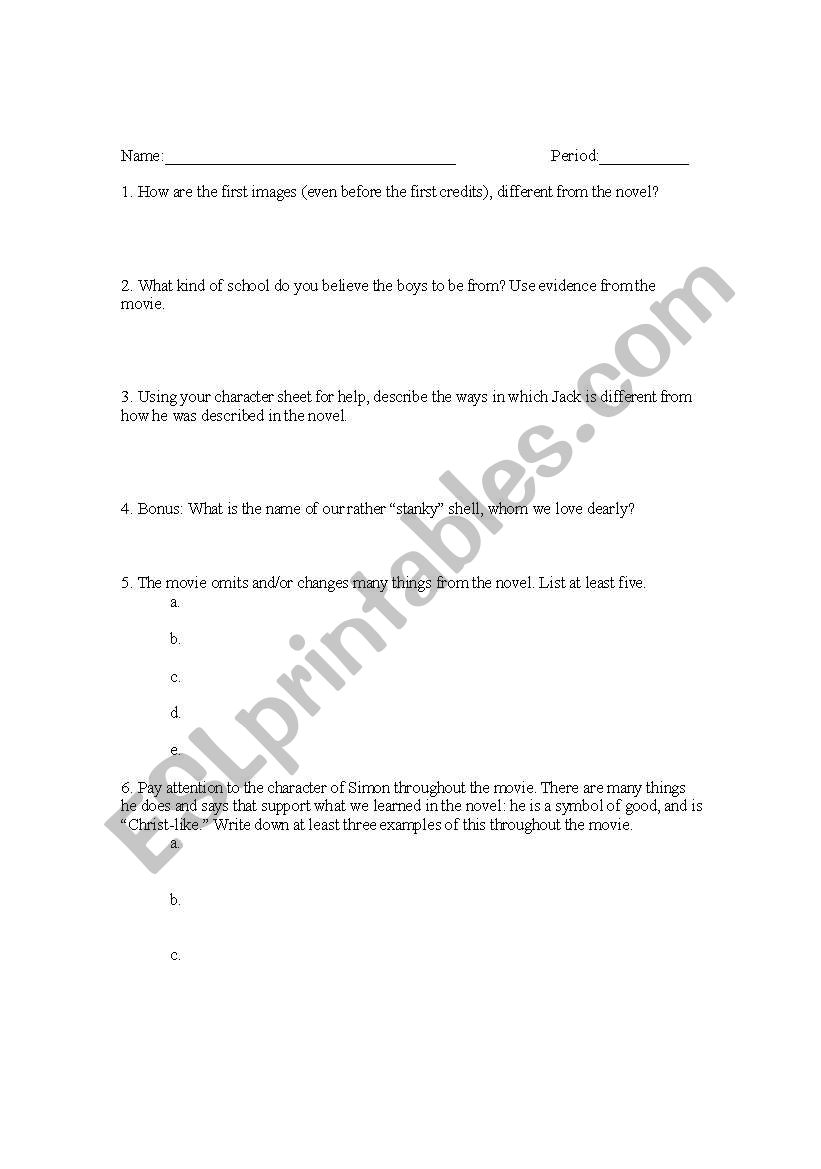 Lord Of The Flies Movie Guide worksheet