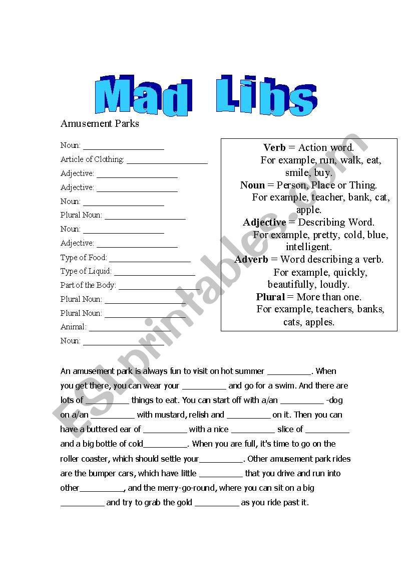 Mad Libs - Amusement Parks worksheet