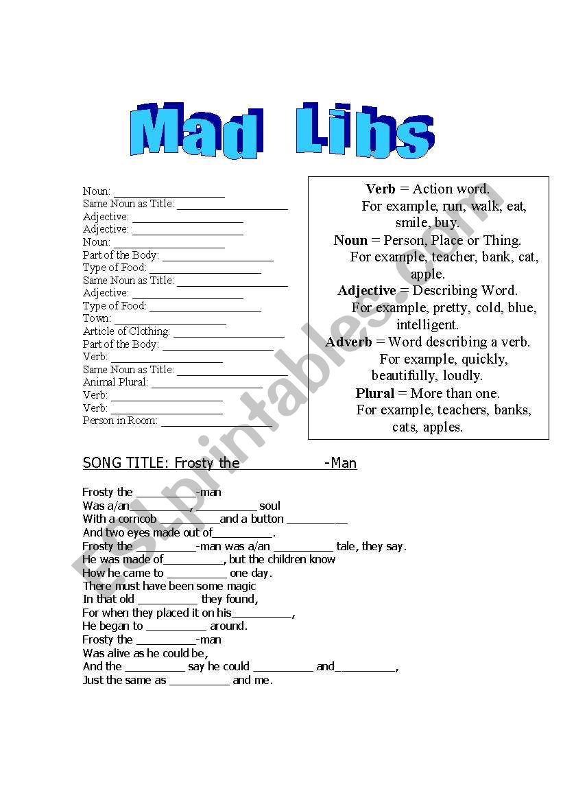 Mad Libs - Frosty the Blah-man
