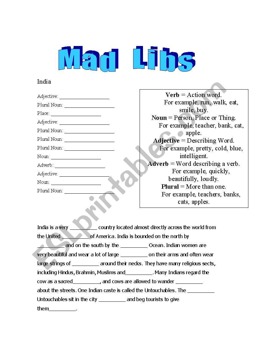 Mad Libs -  India worksheet
