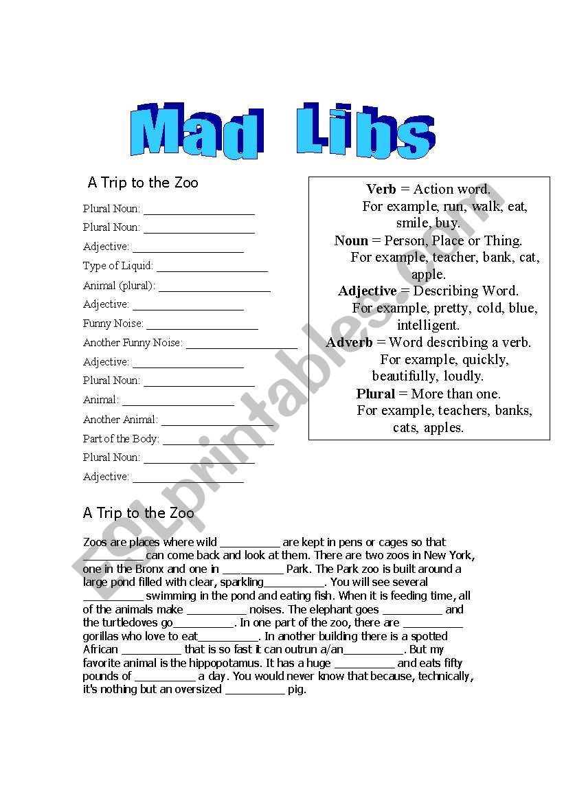 Mad Libs - Trip to the Zoo worksheet