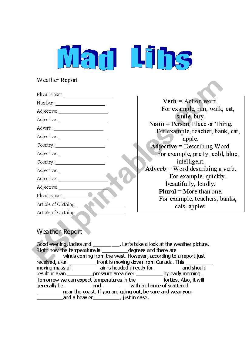 Mad Libs - Weather Report worksheet