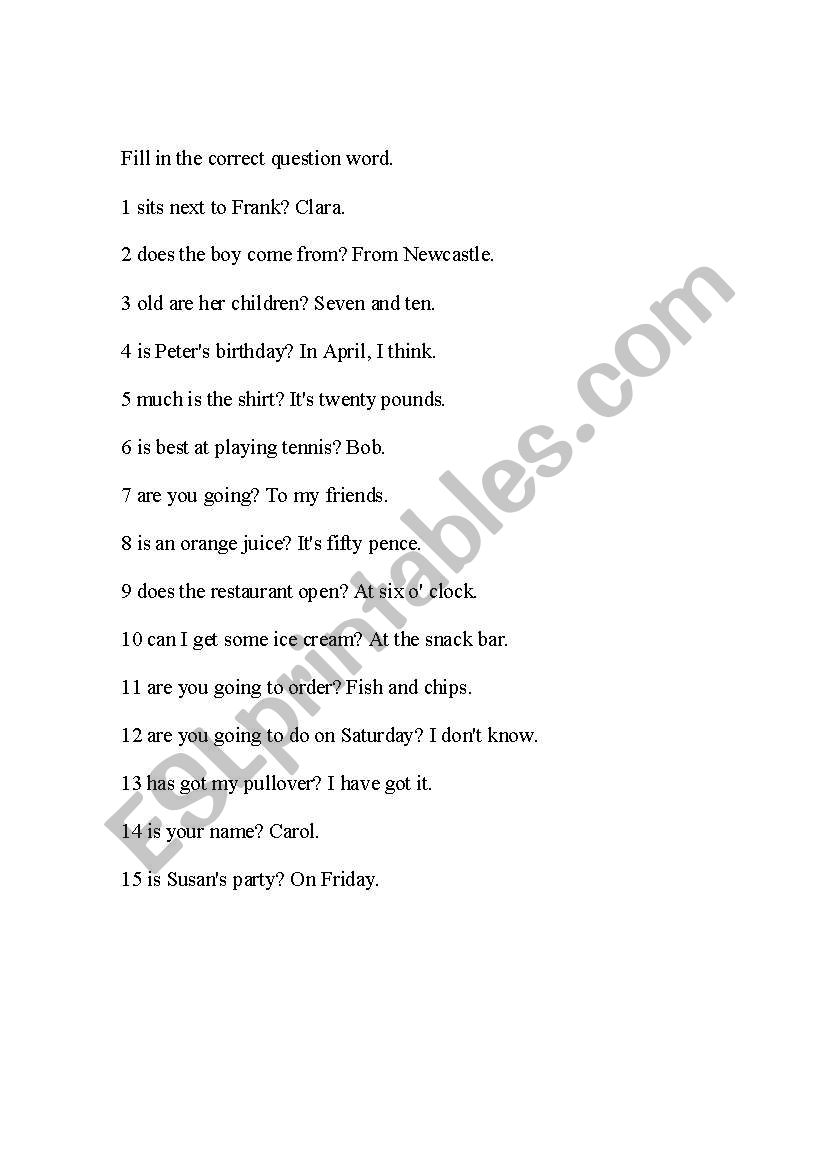 correct question words worksheet