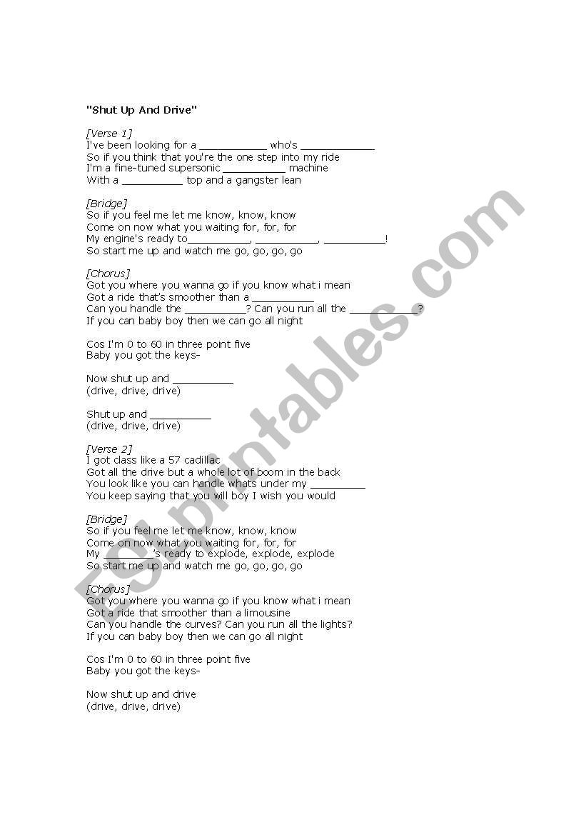 Rihanna - Shut up and Drive worksheet