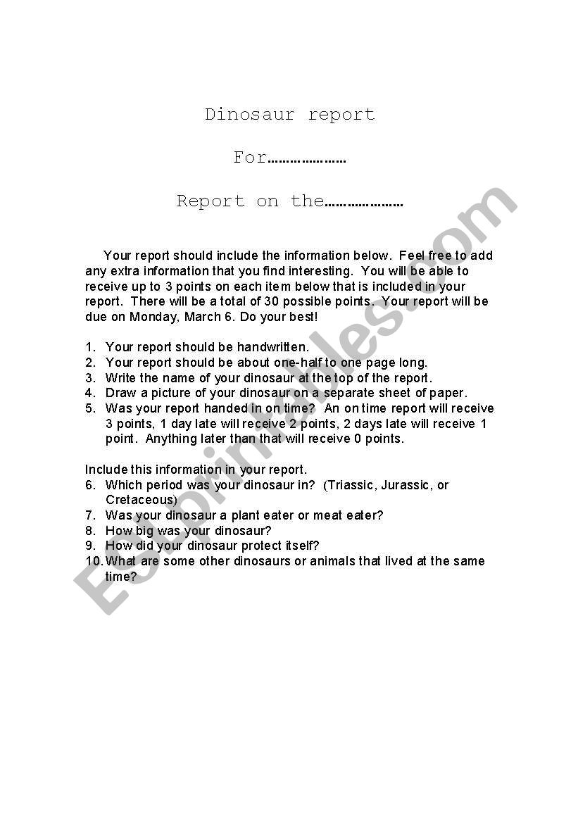 Dinosaur Report worksheet