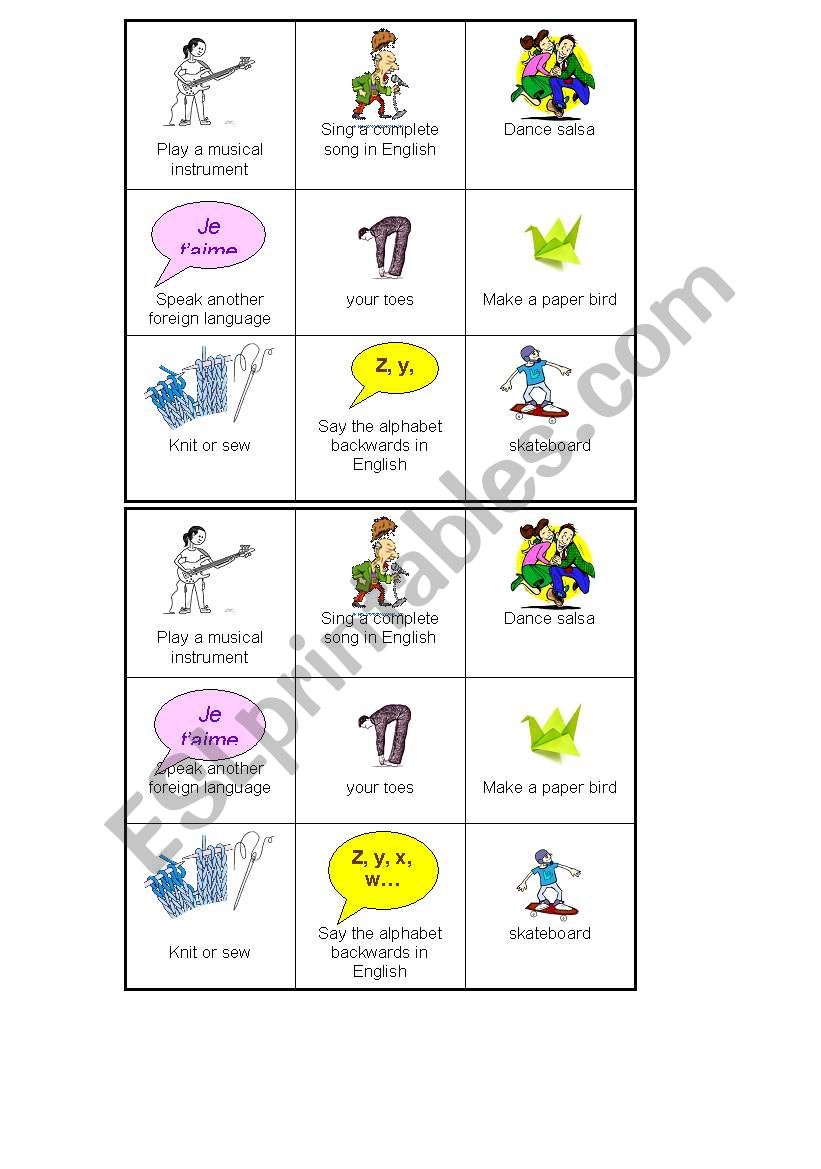 ability bingo worksheet