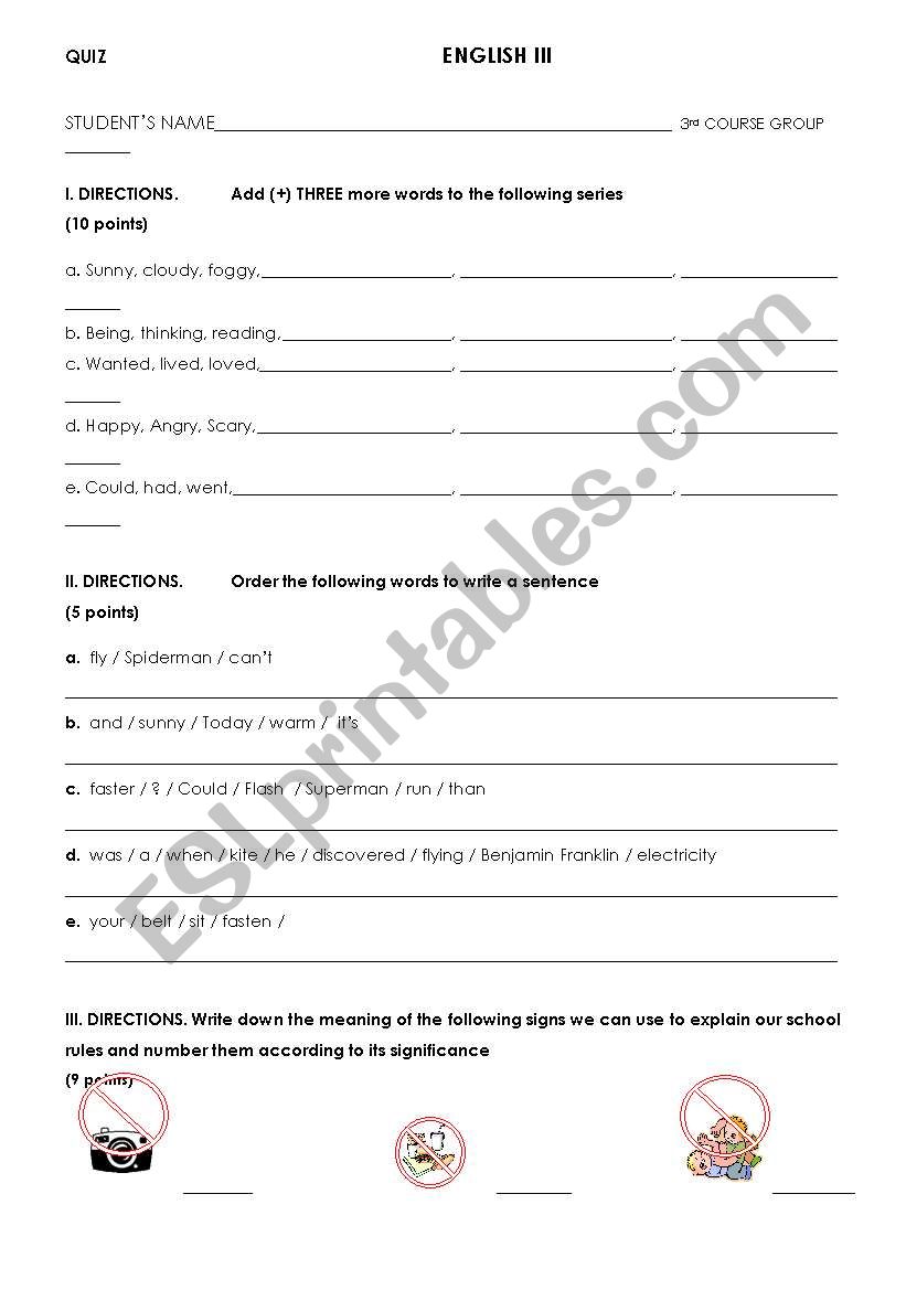 ENGLISH III QUIZ worksheet