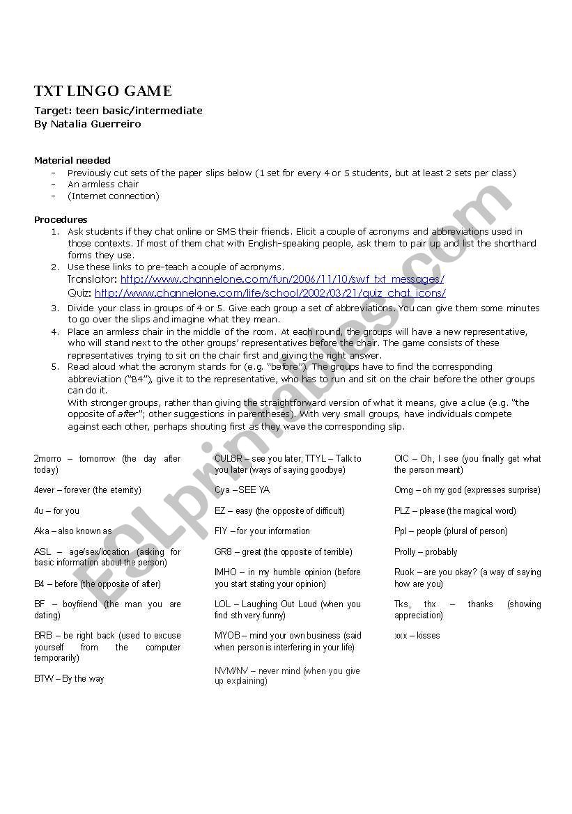 TXT Lingo Game worksheet