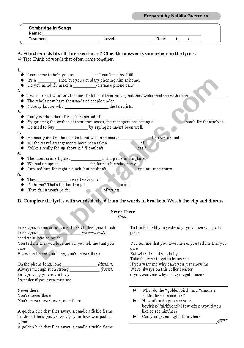 Cake - Never There worksheet