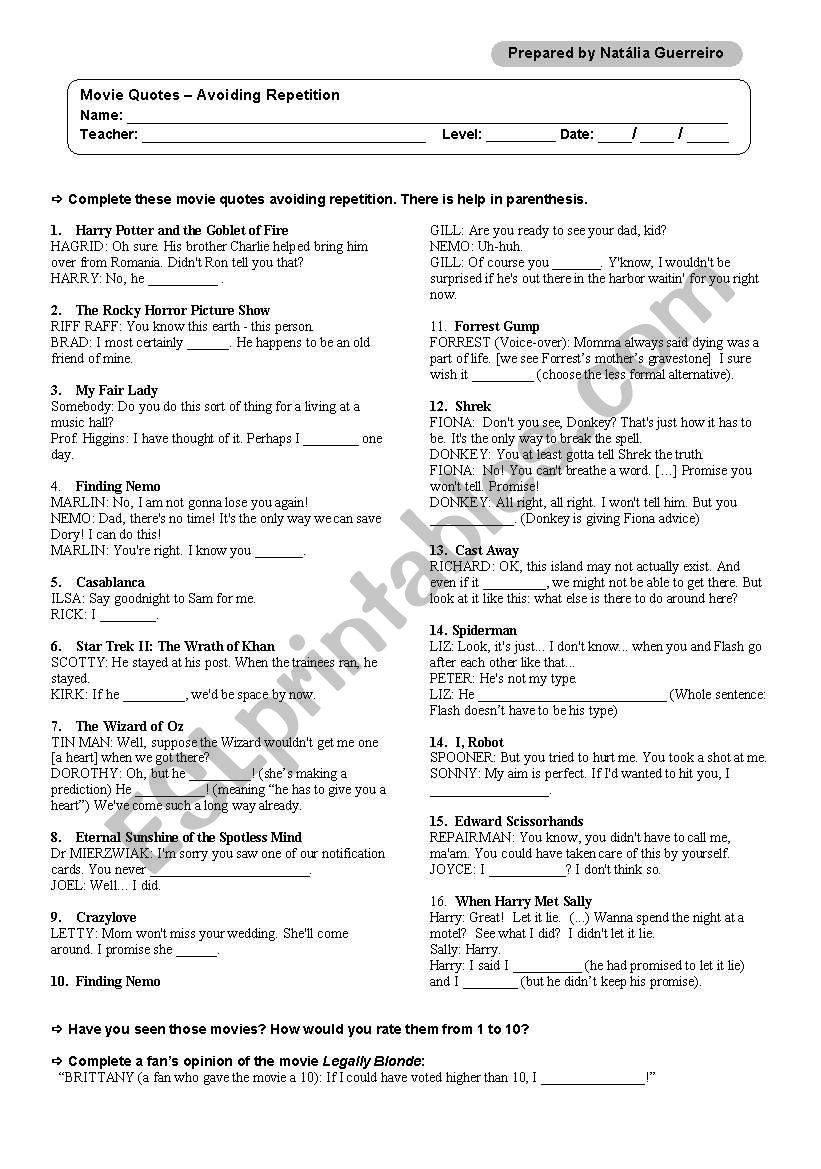 Avoiding Repetition Recycler worksheet