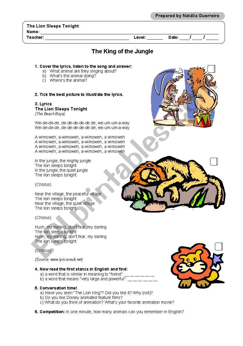 The King Of The Jungle Esl Worksheet By Ncguerreiro - the lion sleeps tonight roblox id loud get robux for free