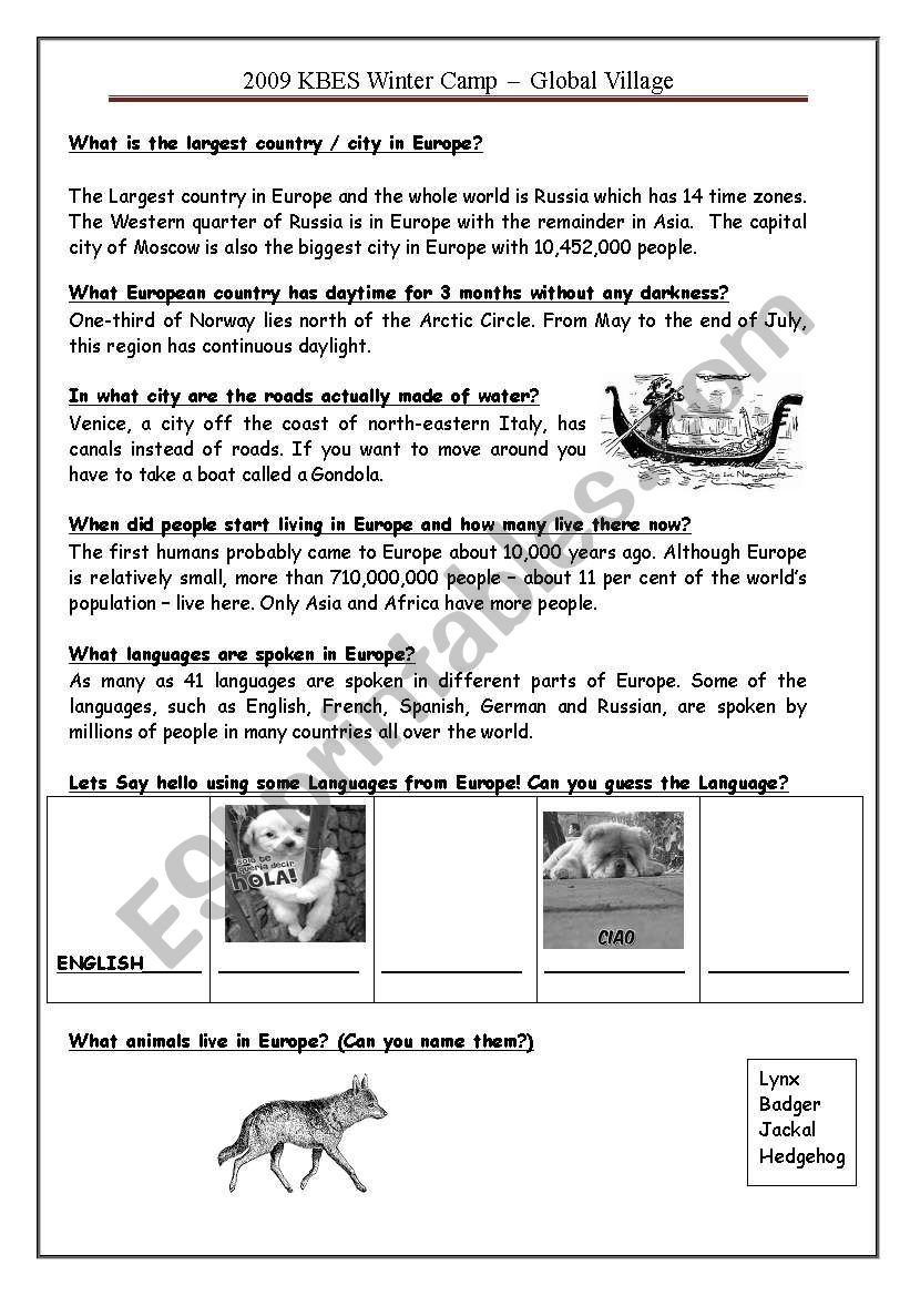 Europe (2 of 3) worksheet