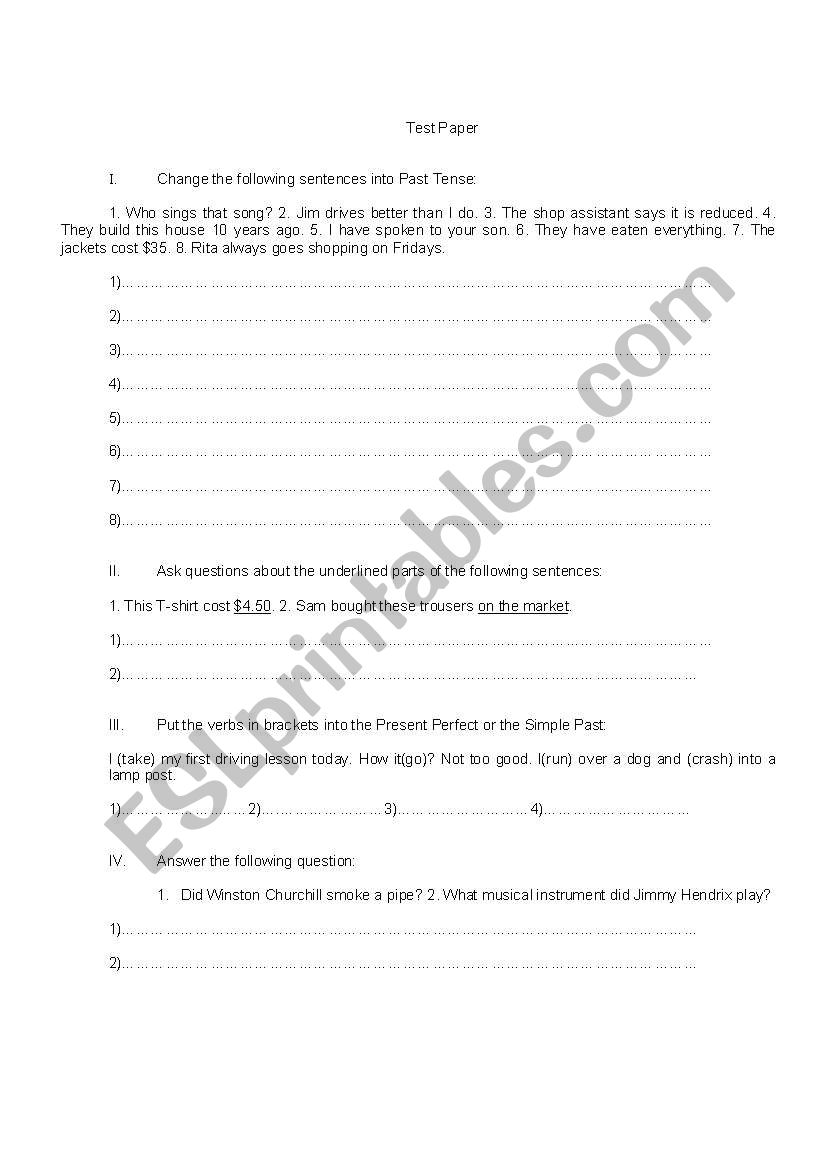 Test Paper 9th Grade worksheet
