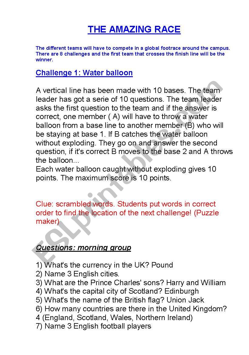 THE AMAZING RACE worksheet