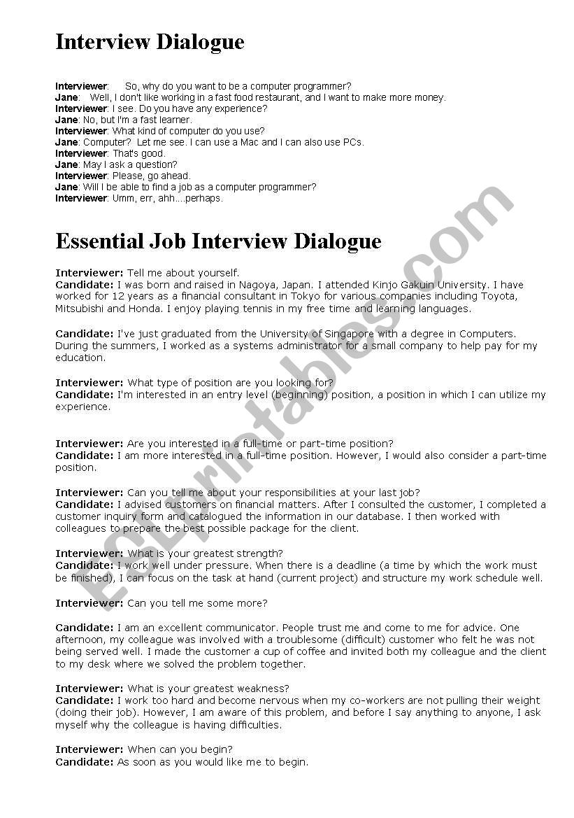 Job Interview Dialogues worksheet