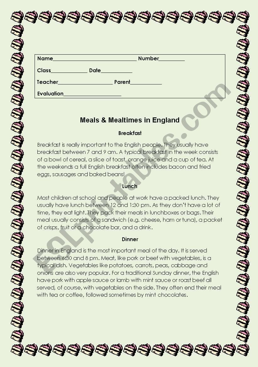 Meal&mealtimes in England worksheet