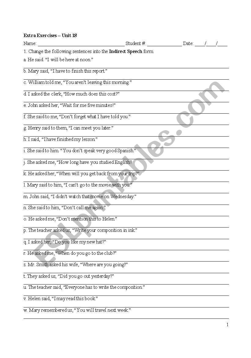 indirect speech worksheet