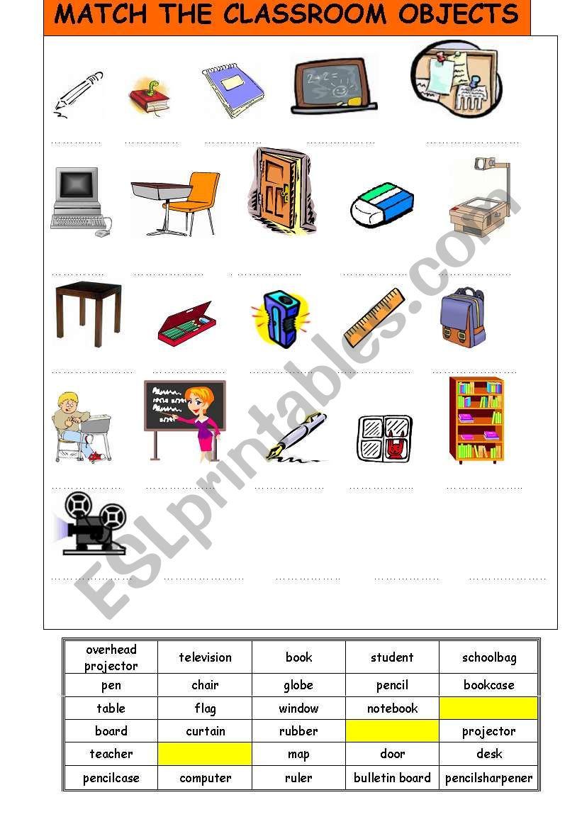 Match the classroom objects worksheet