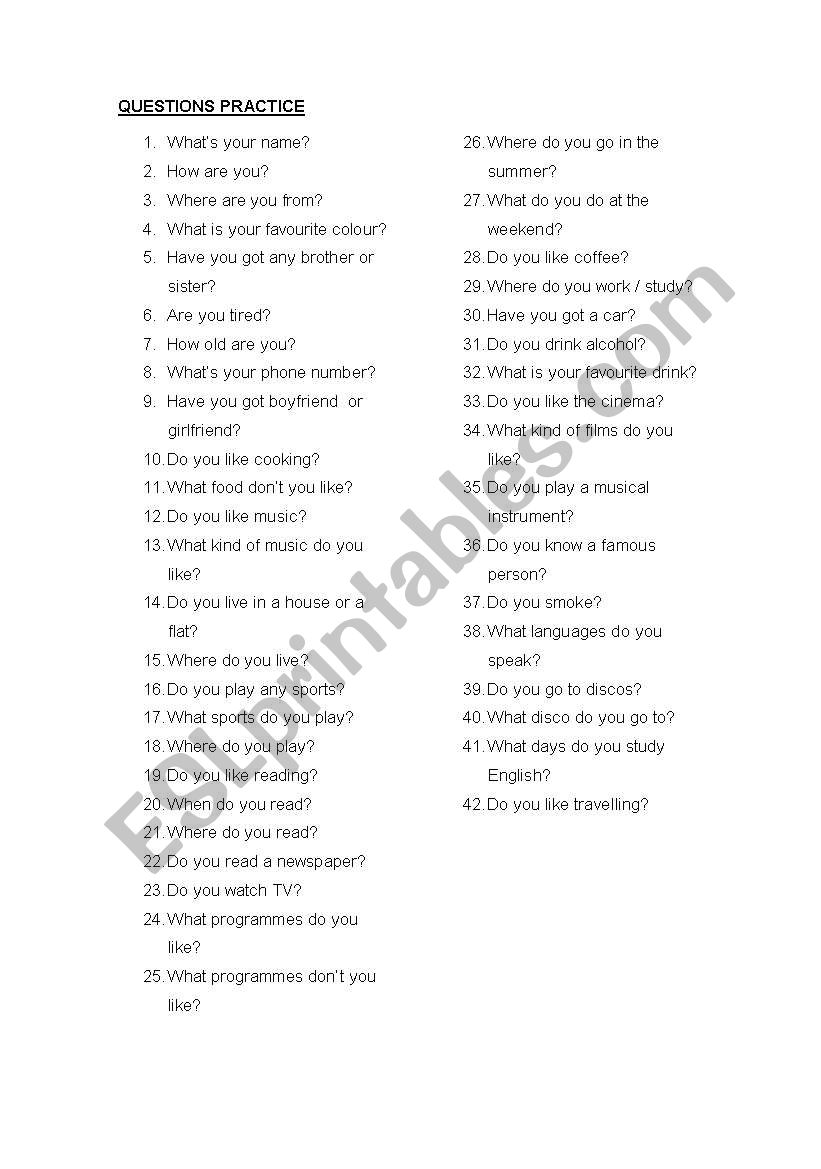 speaking questions worksheet