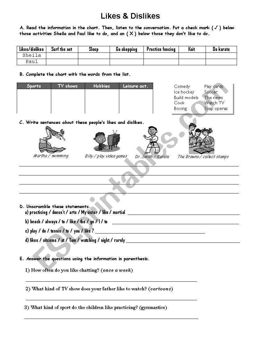 Likes and dislikes worksheet