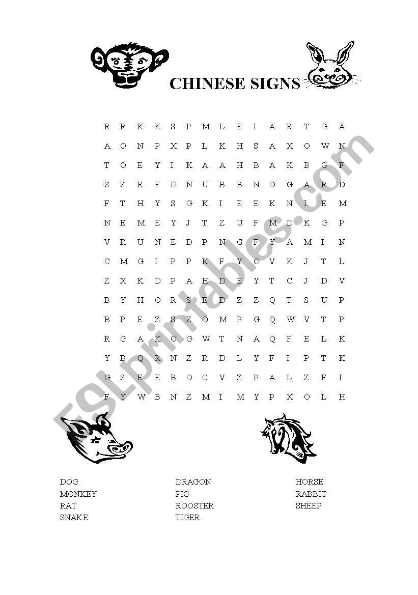 WORD SEARCH CHINESE ASTROLOGY worksheet