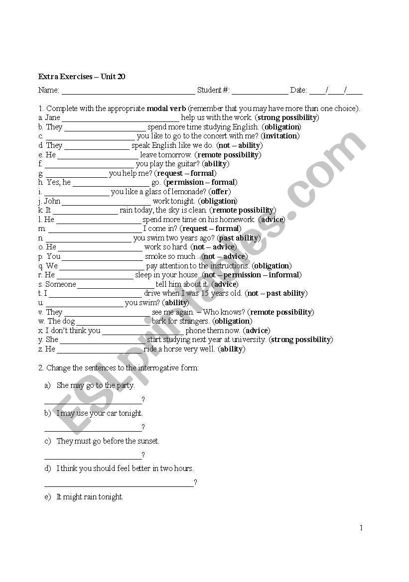 modals worksheet