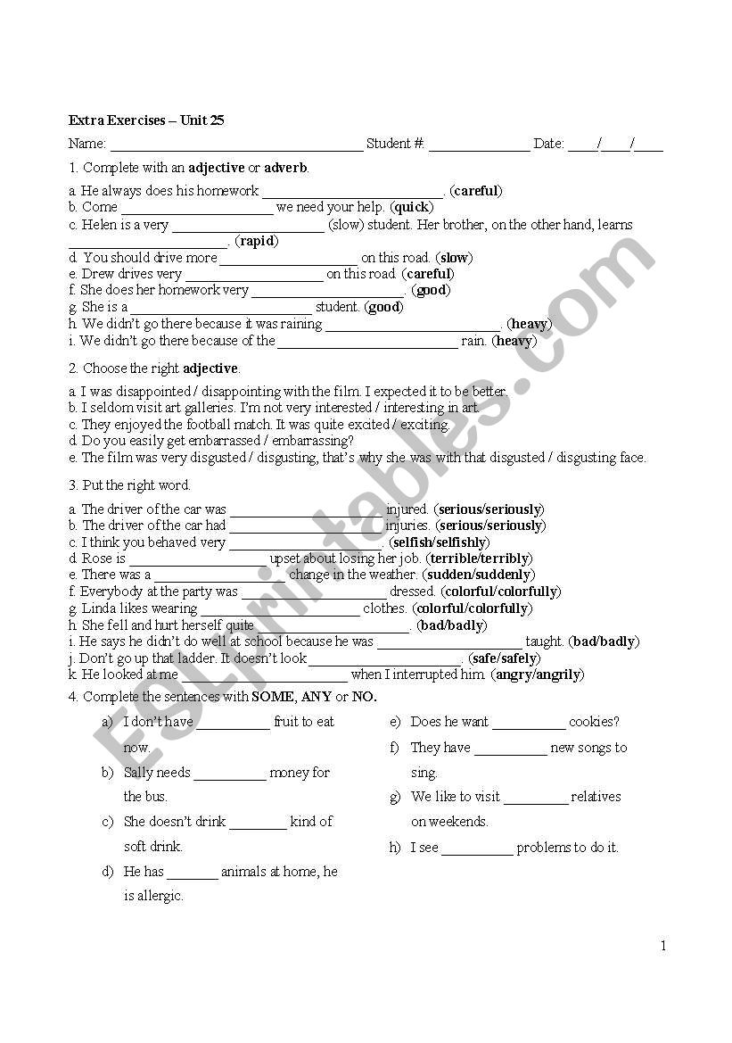 adectives/adverbs worksheet