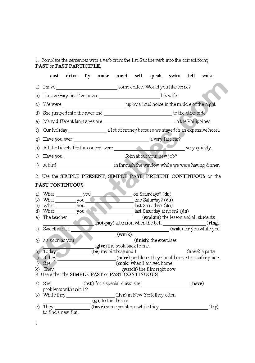 past continuous and perfect worksheet