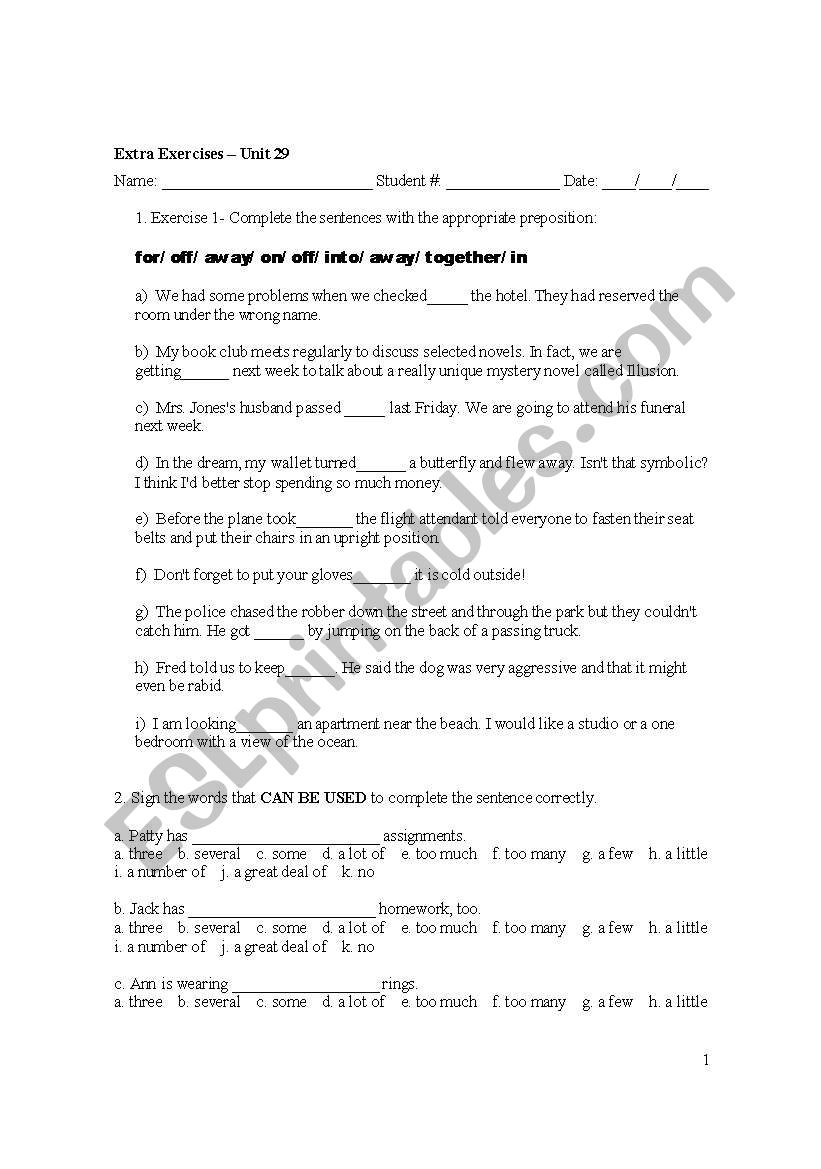 modifiers, phrasal verbs worksheet