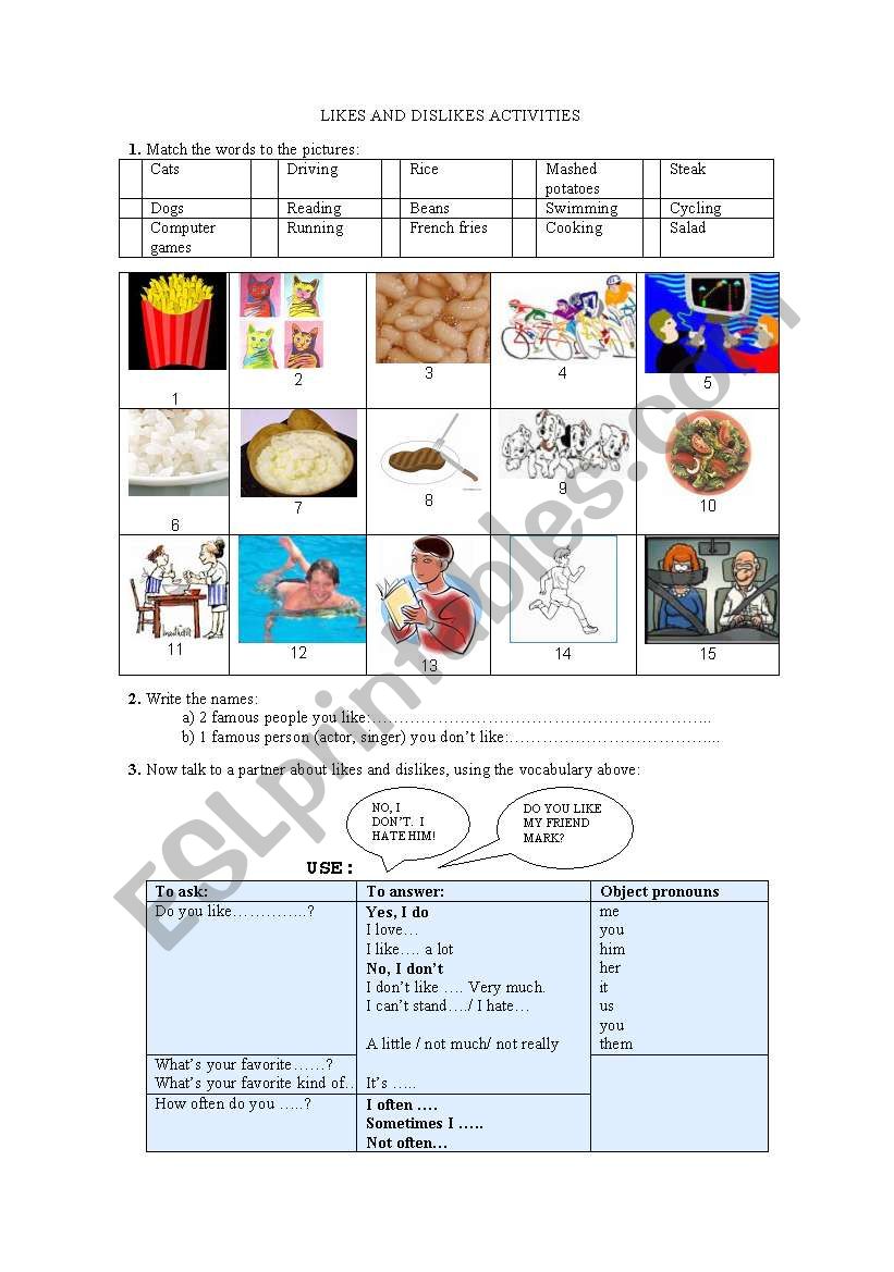 LIKES AND DISLIKES ACTIVITIES worksheet