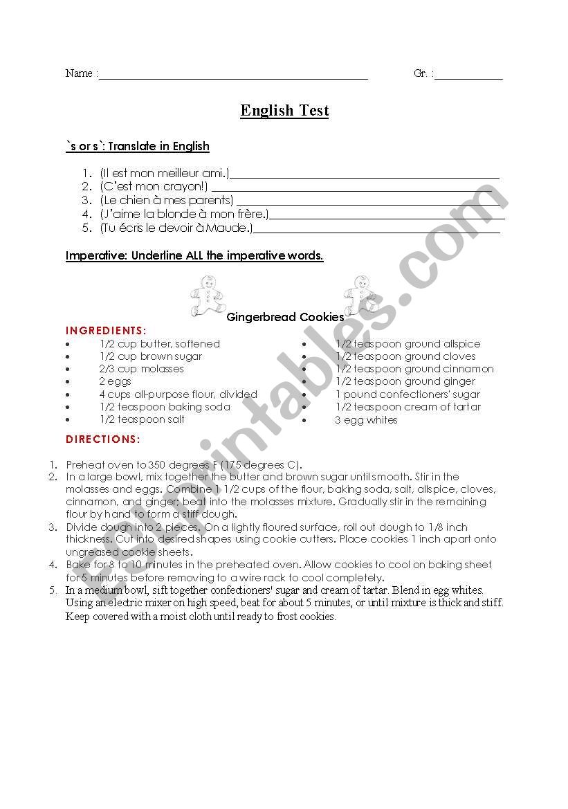 Esl test worksheet