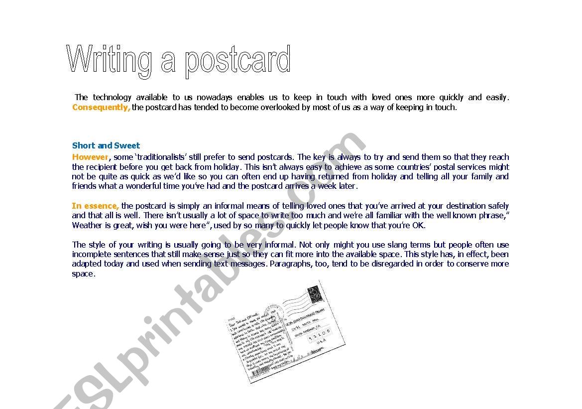 Writing a postcard worksheet