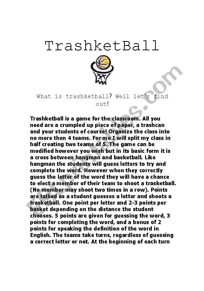 Trashketball worksheet