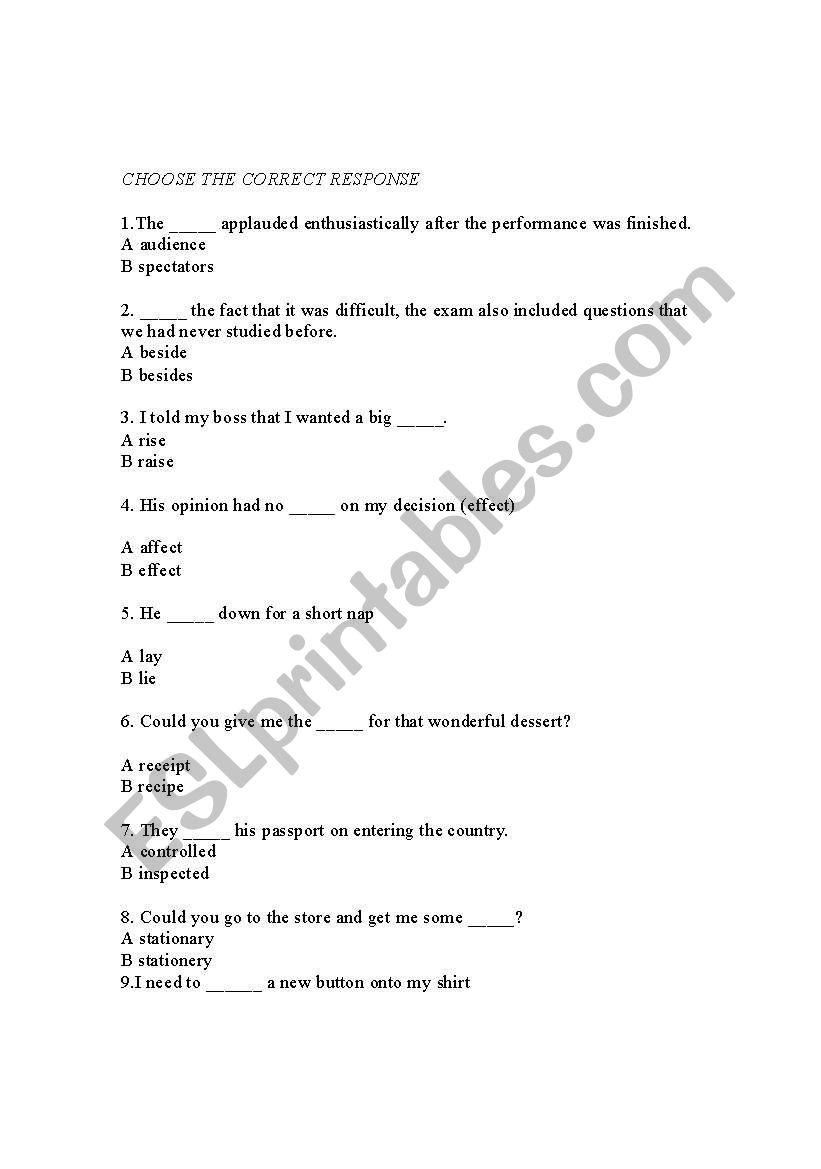 vocabulary test worksheet