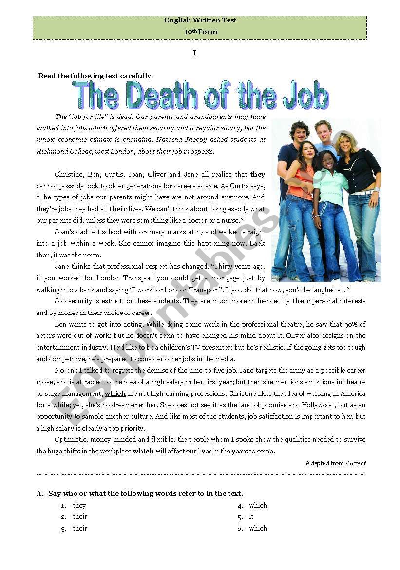 Test - the death of the job worksheet