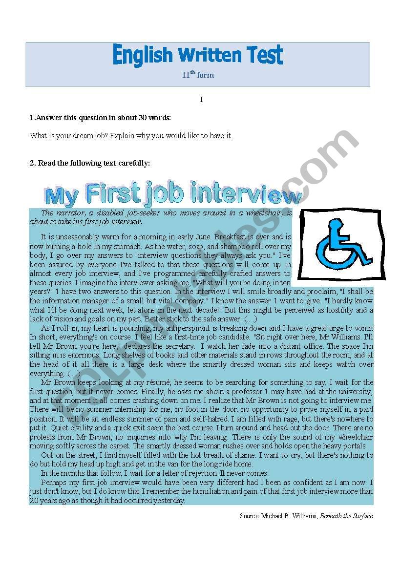 Test- job interview worksheet