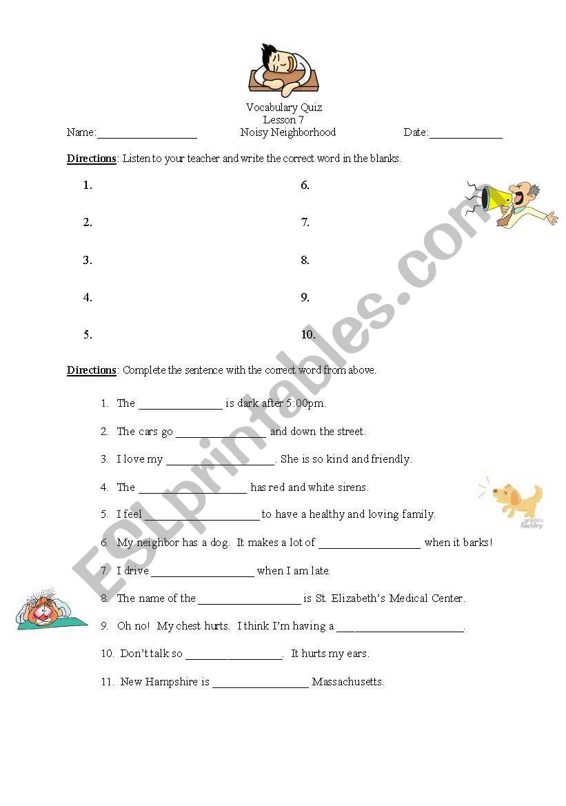 Vocab dictation 7, Noisy Neighborhood, with answer key