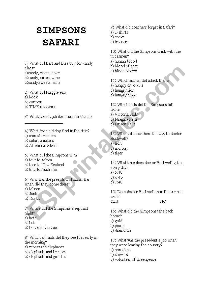 Simpsons Safari listening worksheet