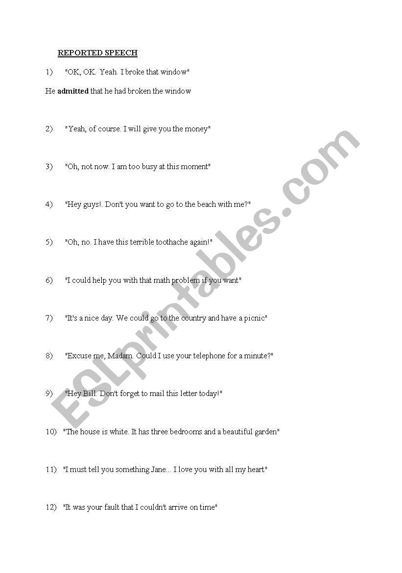 reported speech worksheet