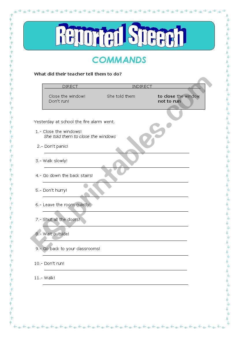 Reported Speech - commands worksheet