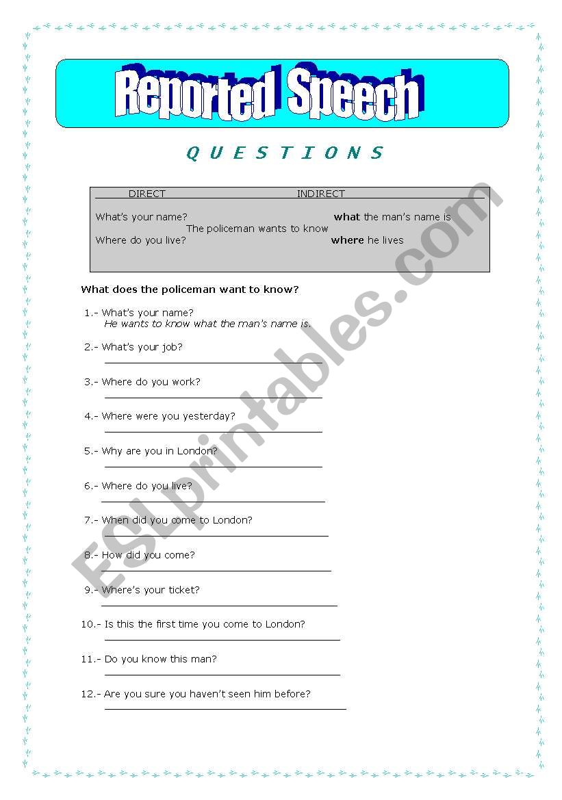 Reported Speech - questions worksheet