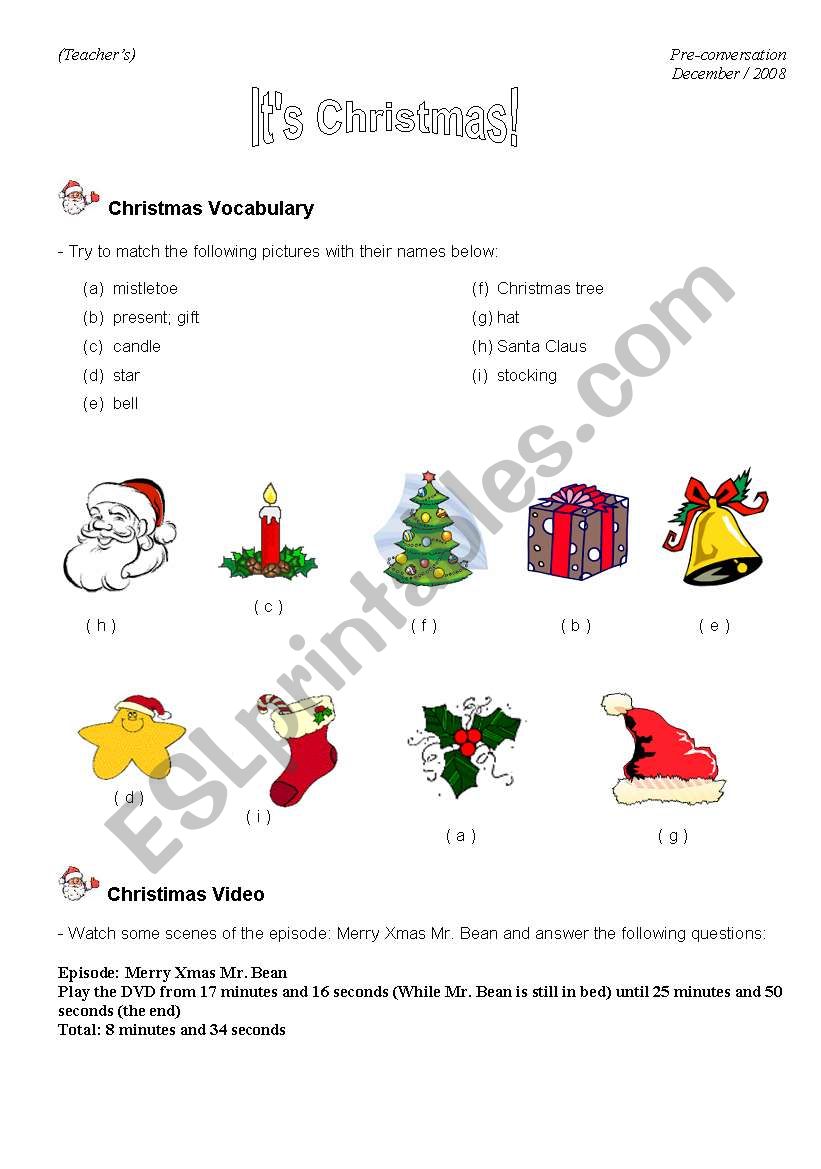 Movie-conversation class based on the episode of Mr. Bean - Merry Xmas Mr. Bean (Teachers)