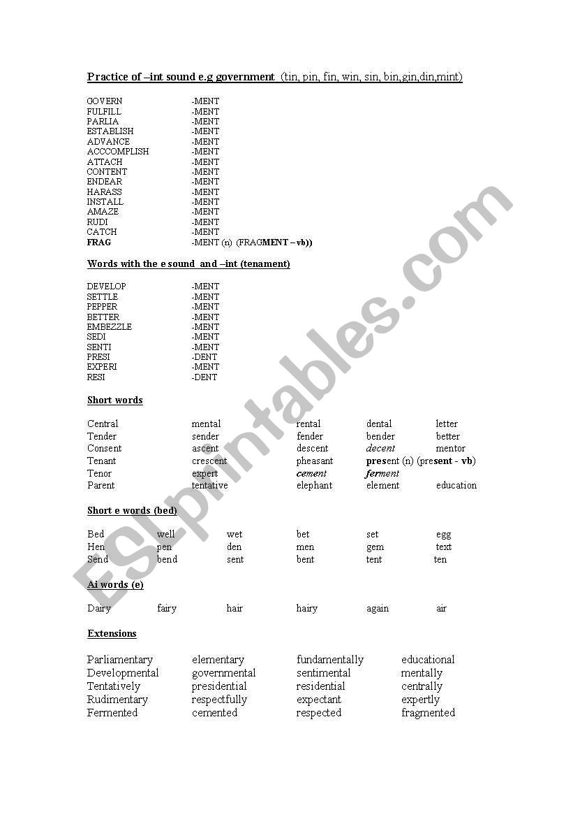 Practise of -int and e(bed) sounds