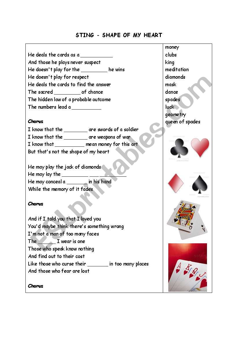 Shape Of My Heart Sting Esl Worksheet By Alexandraph