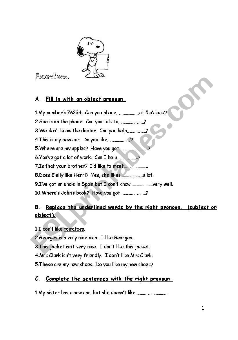 Exercises about the subject and object pronouns and possessive adjectives (2)