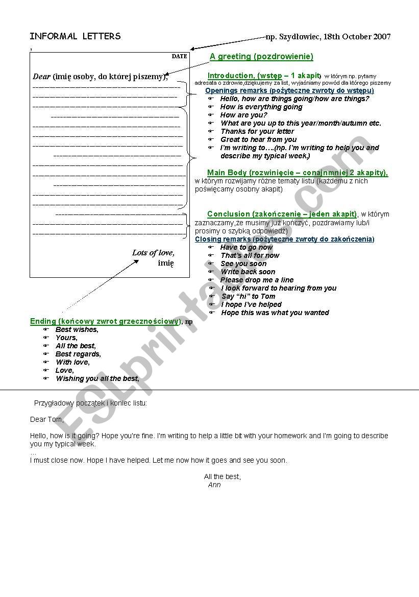 informal letter - plan worksheet