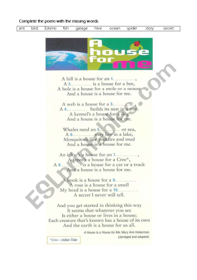 A House Poem worksheet