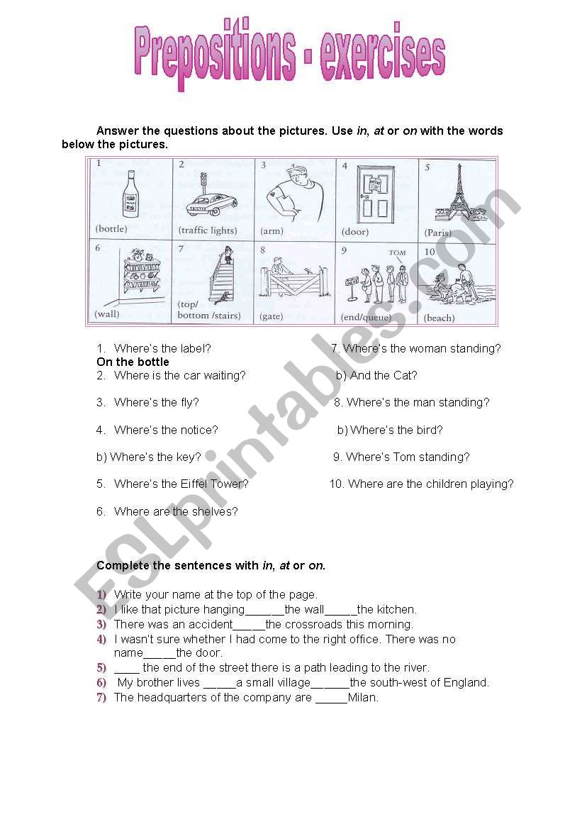 Prepositions - exercises worksheet