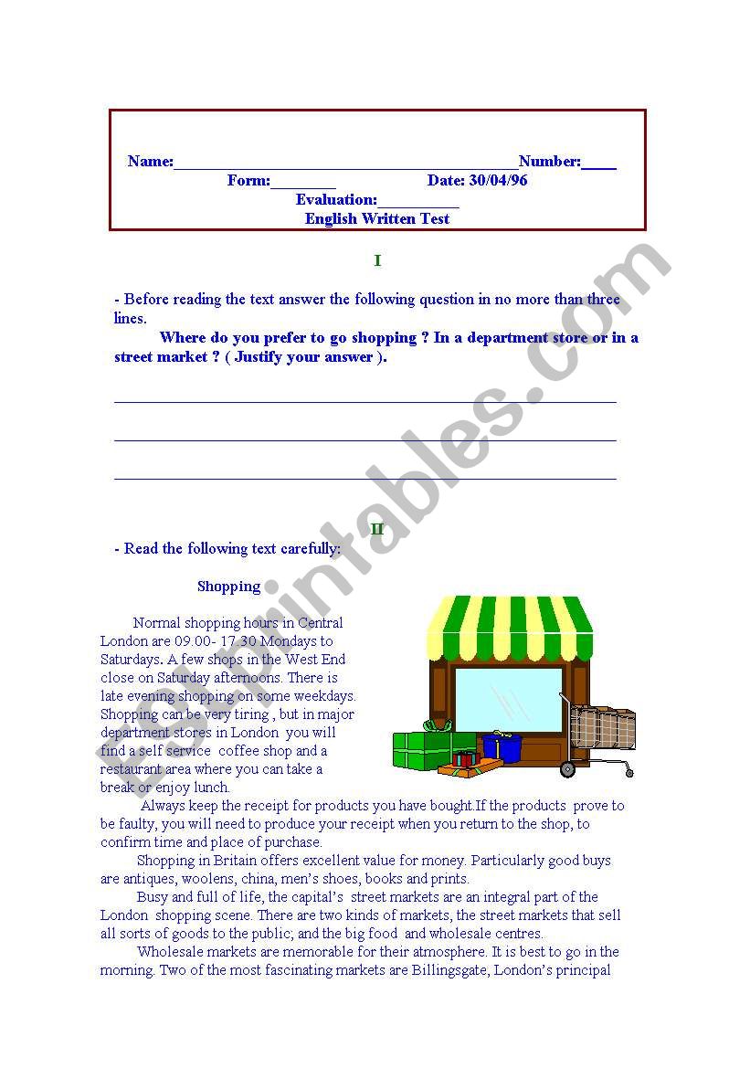 Test - Shopping worksheet