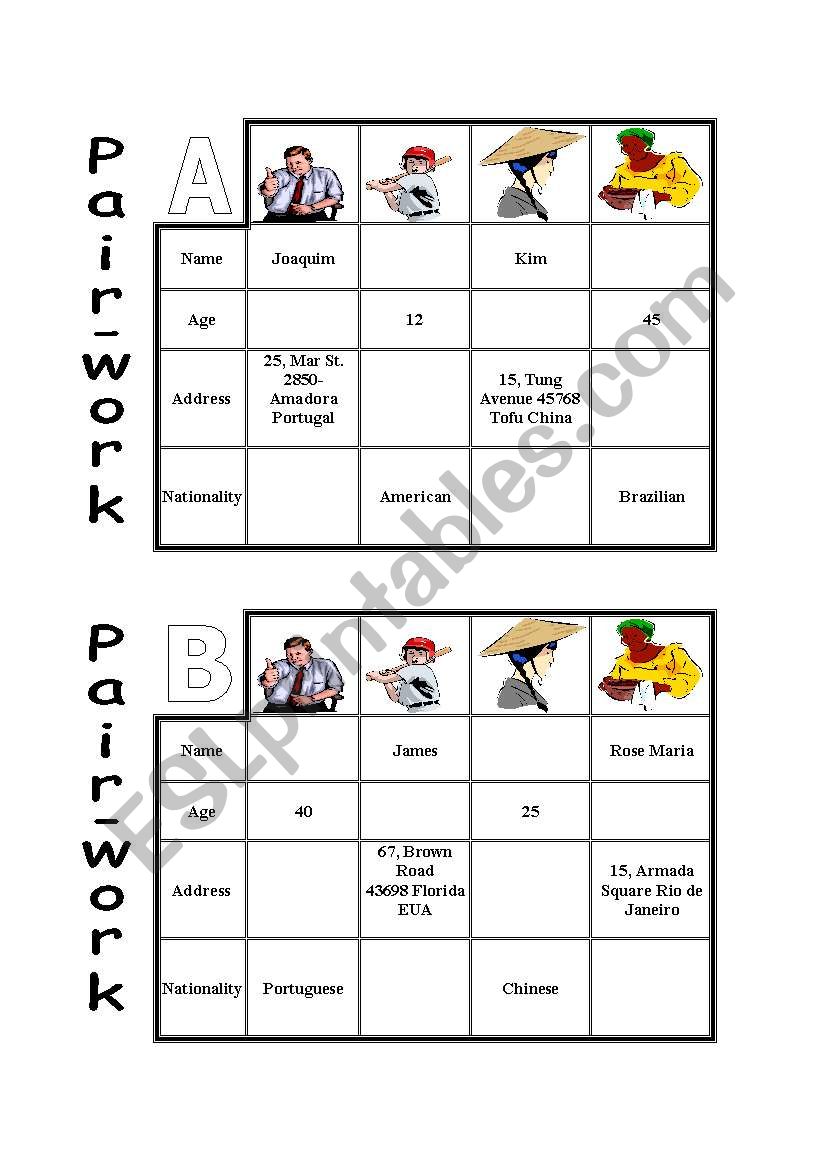 Pair work worksheet